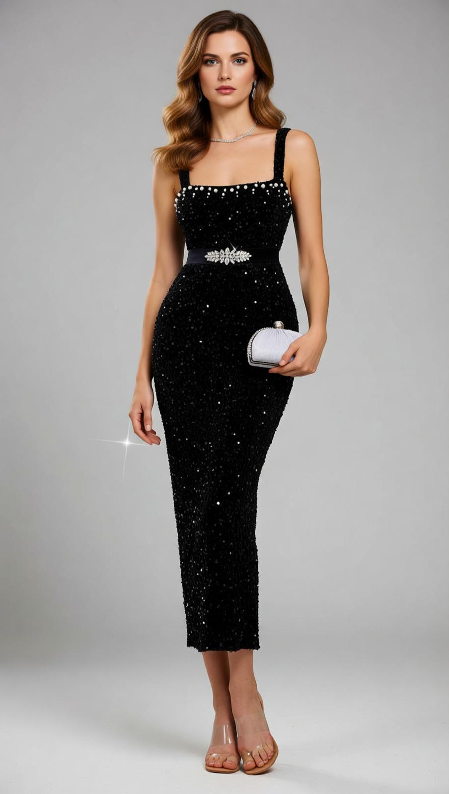 Jamil Dazzling Black Sequin Midi Dress | Embellished Waist & Strappy Glamour