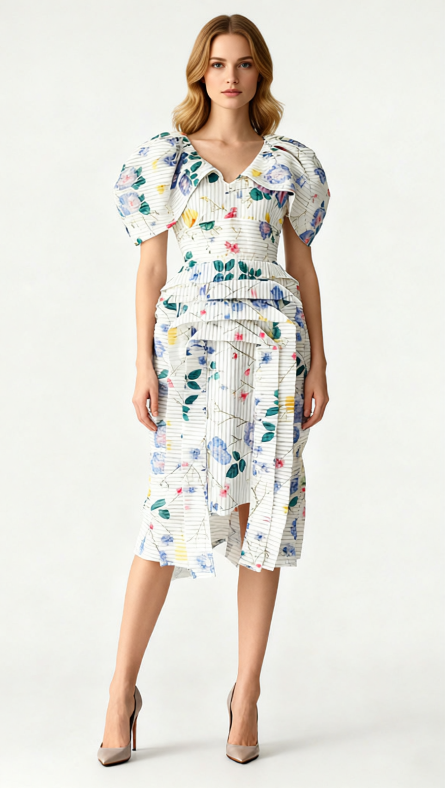 AIIZIE Janis Chic Floral Stripe Puff Sleeve Midi Dress - Romantic & Elegant - product image