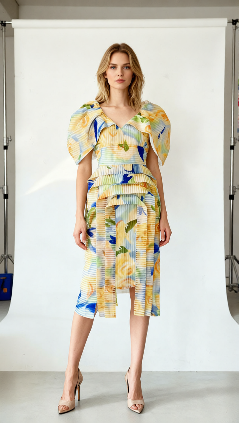 AIIZIE Janis Vibrant Yellow Floral Puff Sleeve Midi Dress - product image