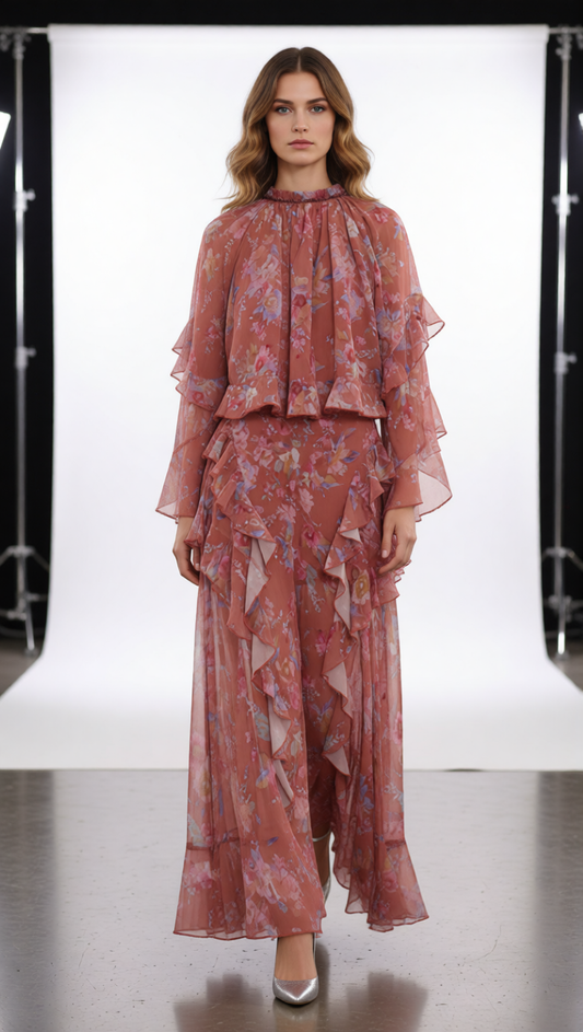 AIIZIE Boho Chic Floral Ruffle Top & Maxi Skirt Set - product image