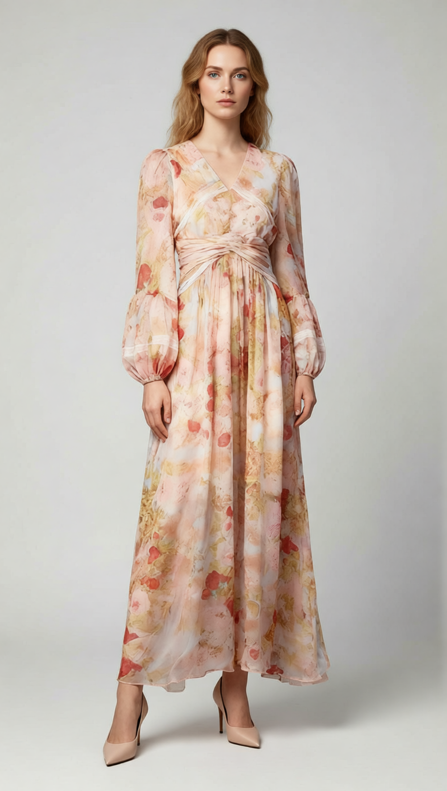 Jeana Elegant Floral Chiffon Maxi Dress - Romantic Long Sleeve Gown
