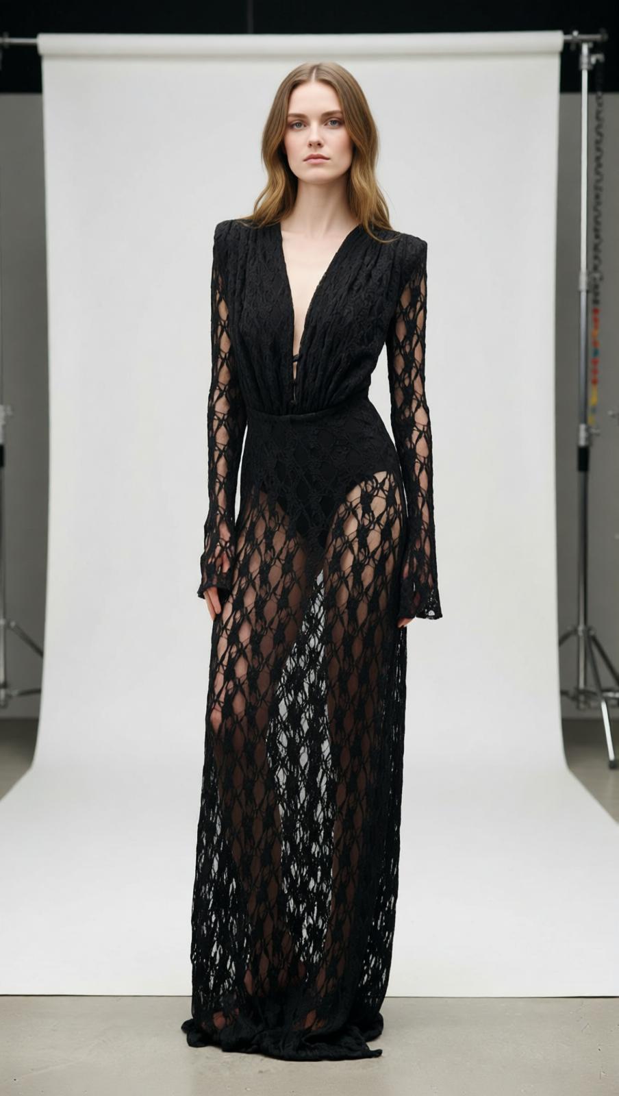 AIIZIE Jemma Black Sheer Lace Maxi Dress | Deep V-Neck Long Sleeve Evening Gown - product image