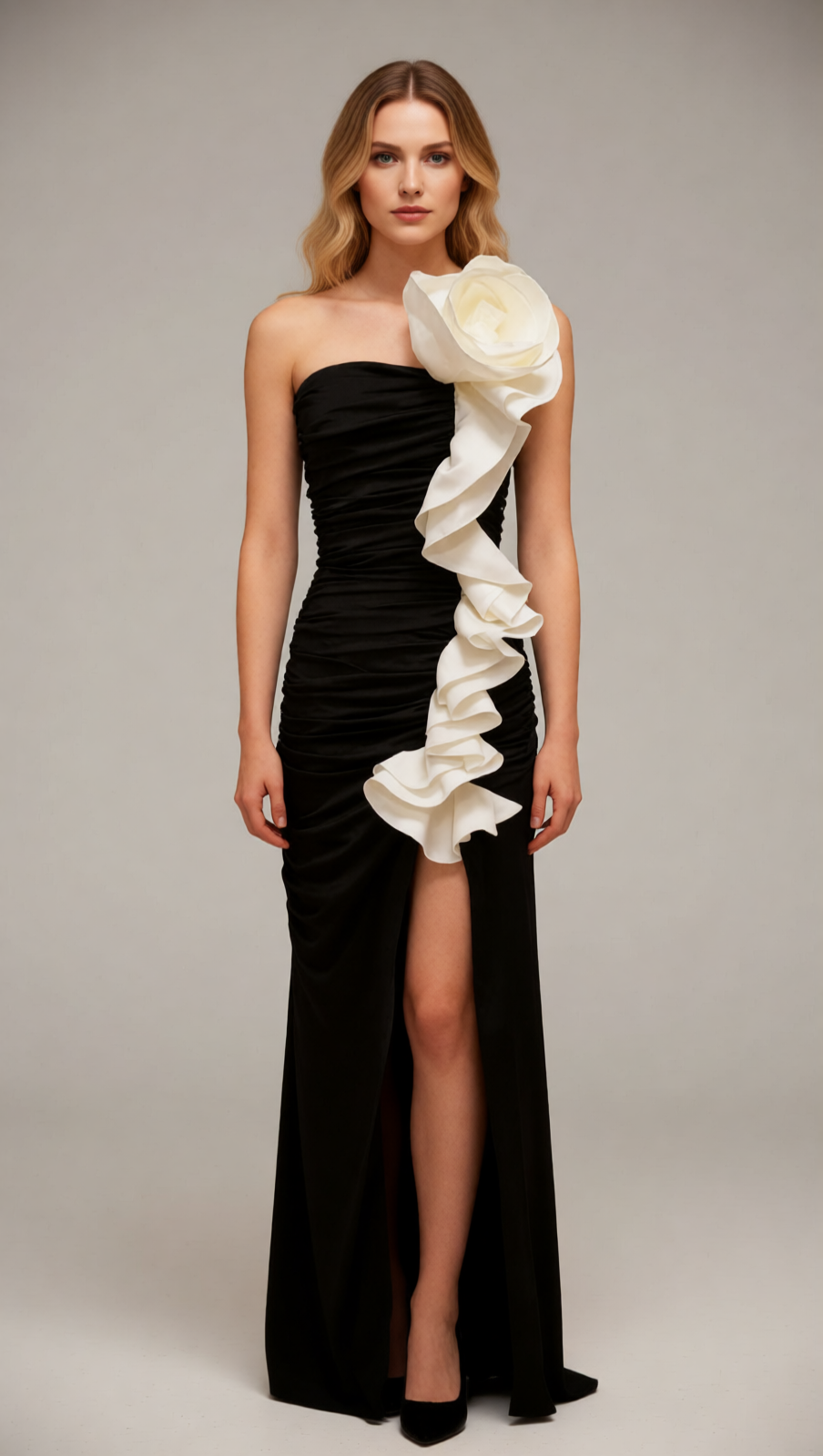 Jessie Black Strapless Floral Ruffle Maxi Gown - Elegant Evening & Gala Dress