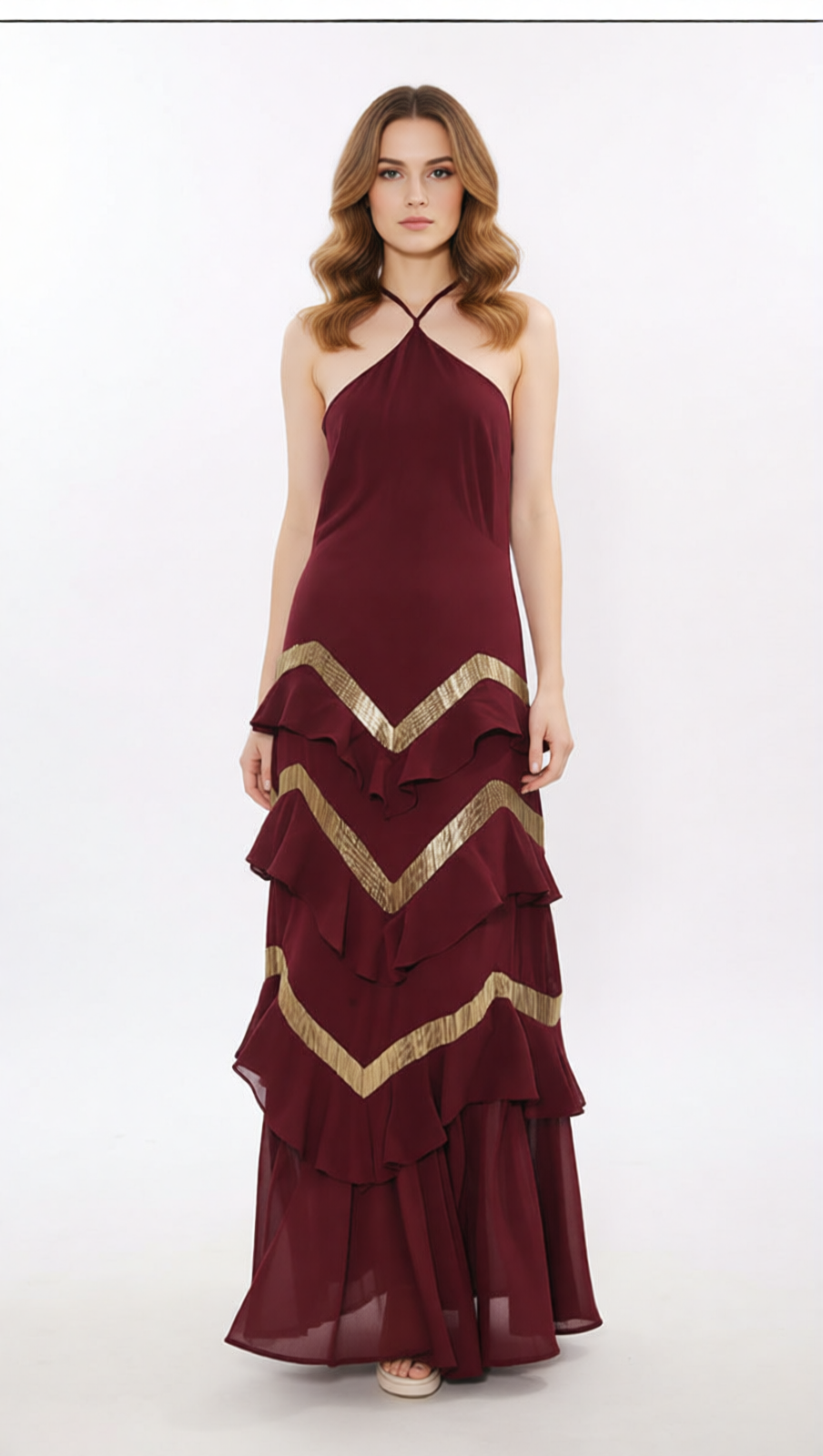 Jia Wine Red Halter Maxi Dress with Golden Chevron Ruffles