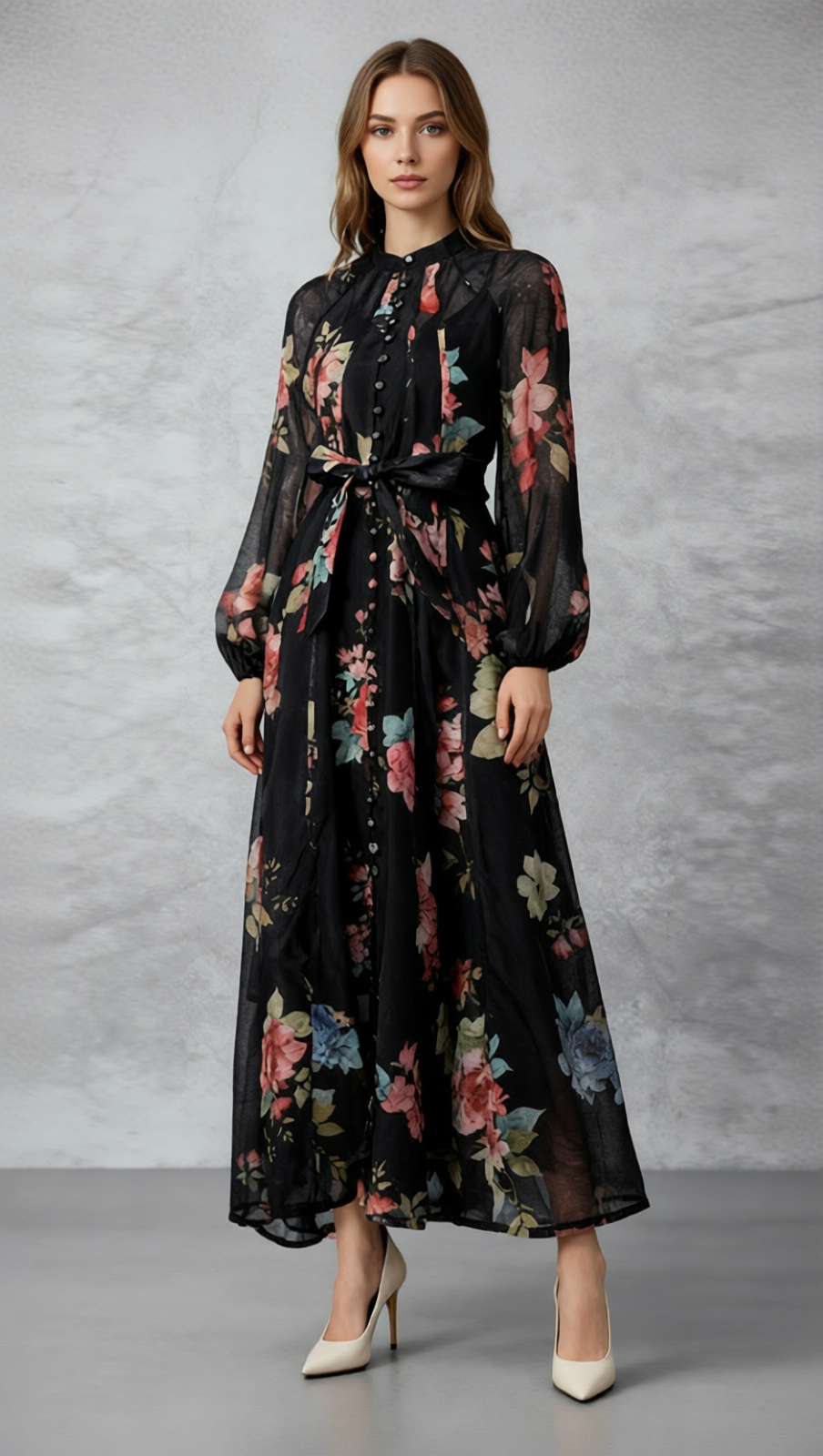 Jitka Black Floral Maxi Dress - Elegant Long Sleeve Button-Front Gown for Women
