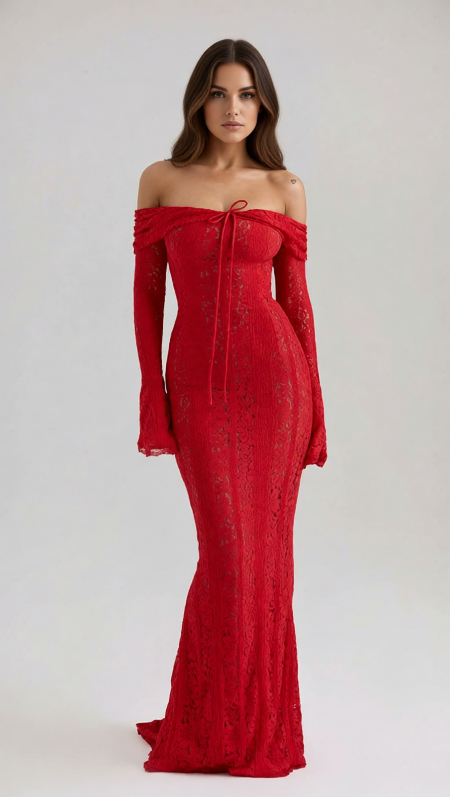 Jolene Red Lace Off-Shoulder Maxi Dress - Long Sleeve Evening Gown