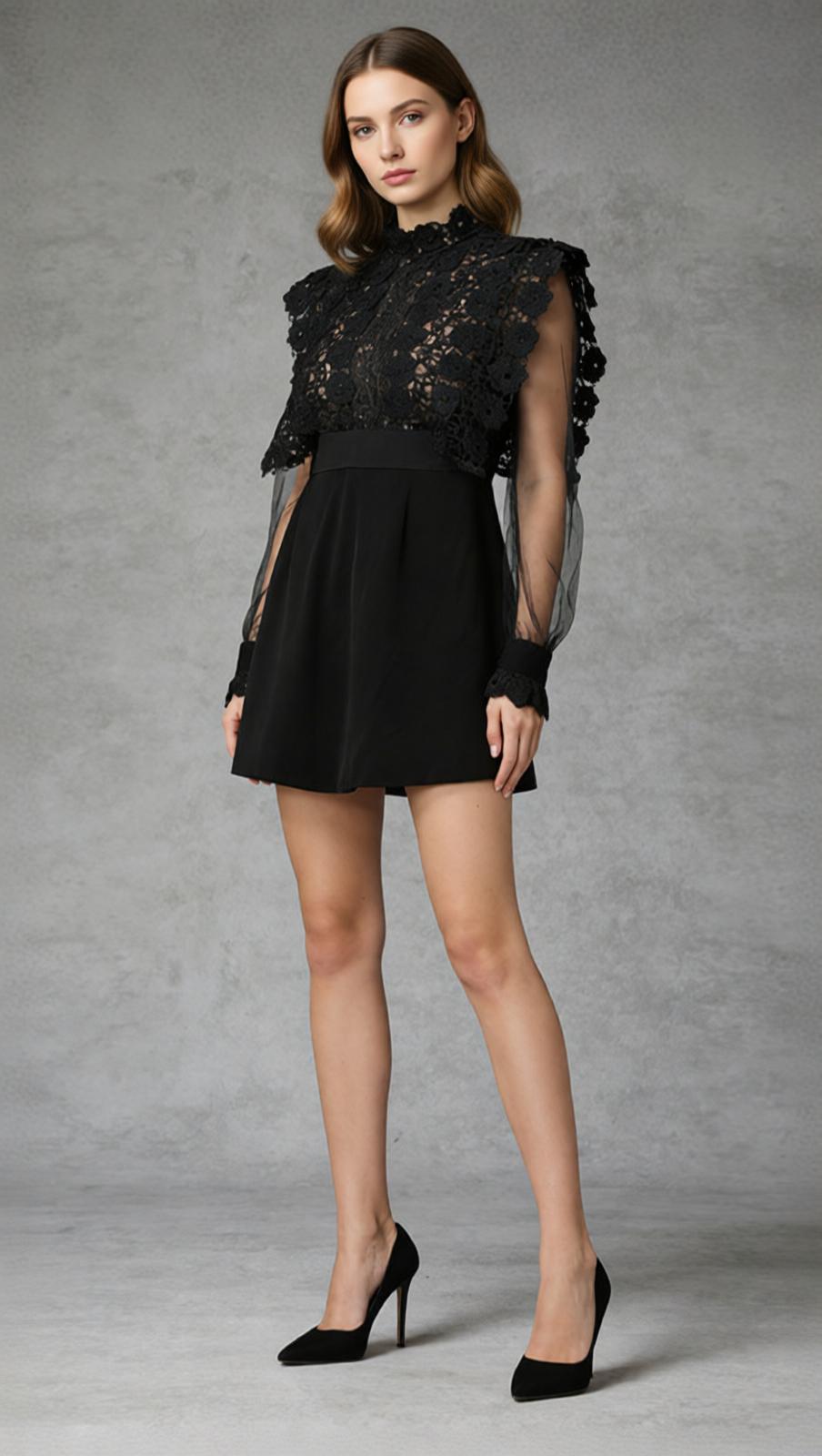 Jorden Black Lace Mock Neck Mini Dress with Sheer Sleeves