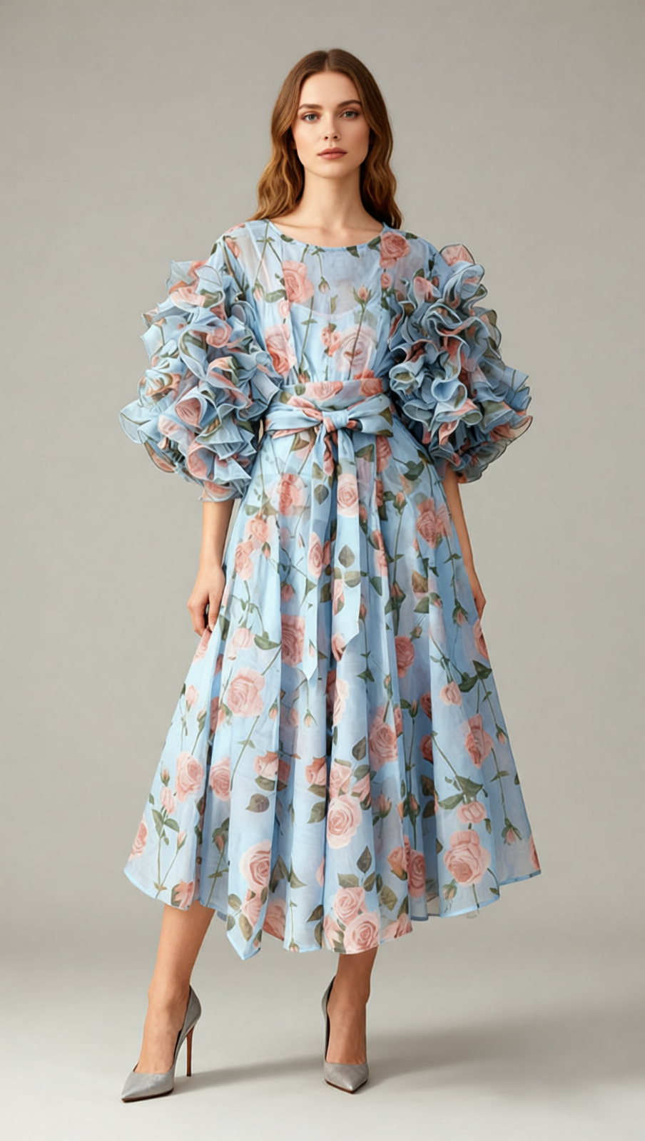 Jordin Romantic Ruffle Sleeve Floral Midi Dress | Women's Blue & Pink