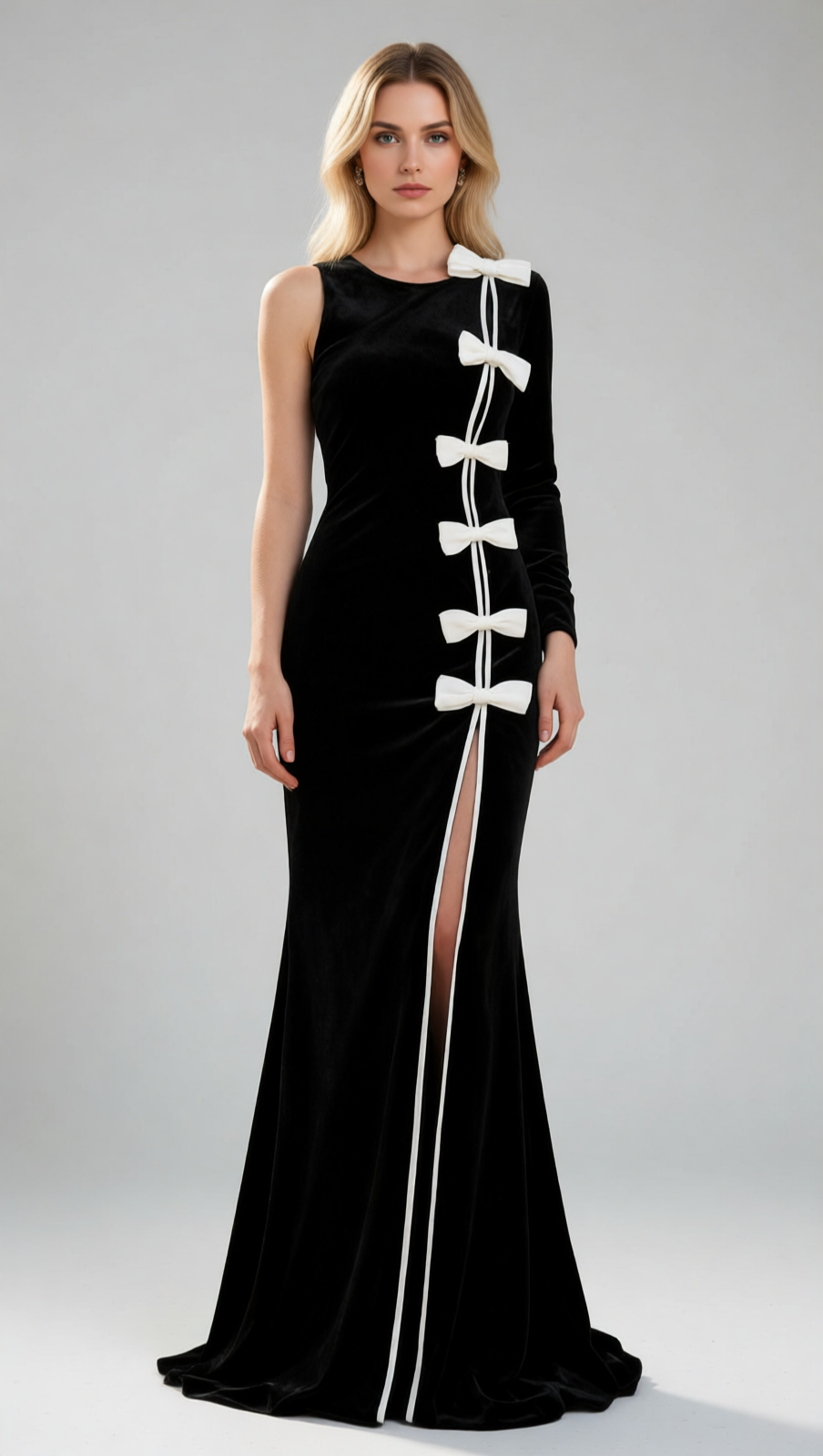 joyce maxi dress black Joyce Black Velvet One-Sleeve Bow Maxi Gown