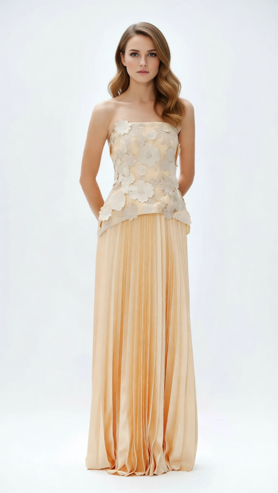 Julieta Elegant 3D Floral Peplum Top & Pleated Maxi Skirt Set