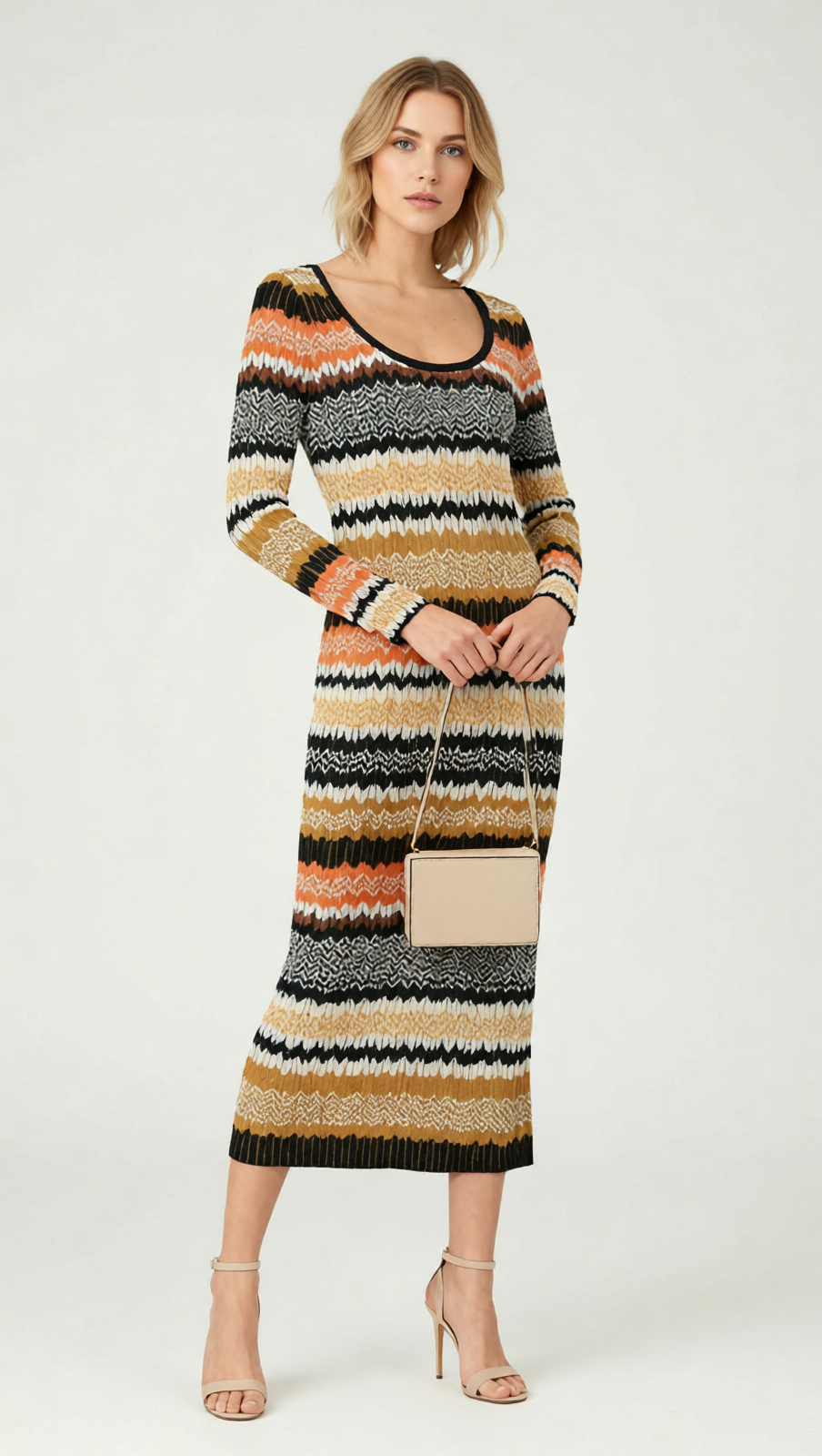 Juliette Boho Chic Wavy Striped Knit Midi Dress | Long Sleeve