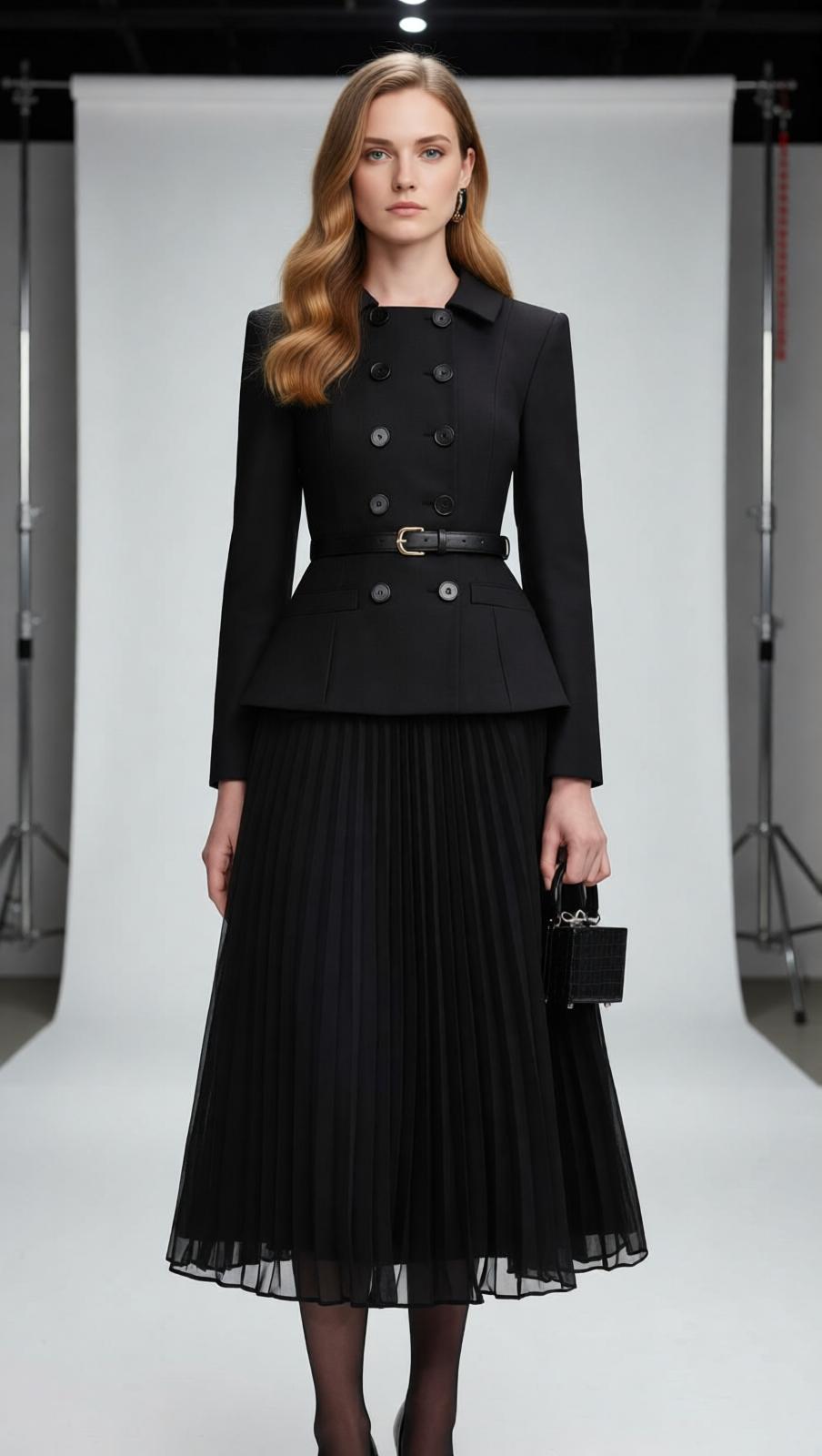 Julitta Black Peplum Power Midi Dress - Long Sleeve & Pleated Skirt