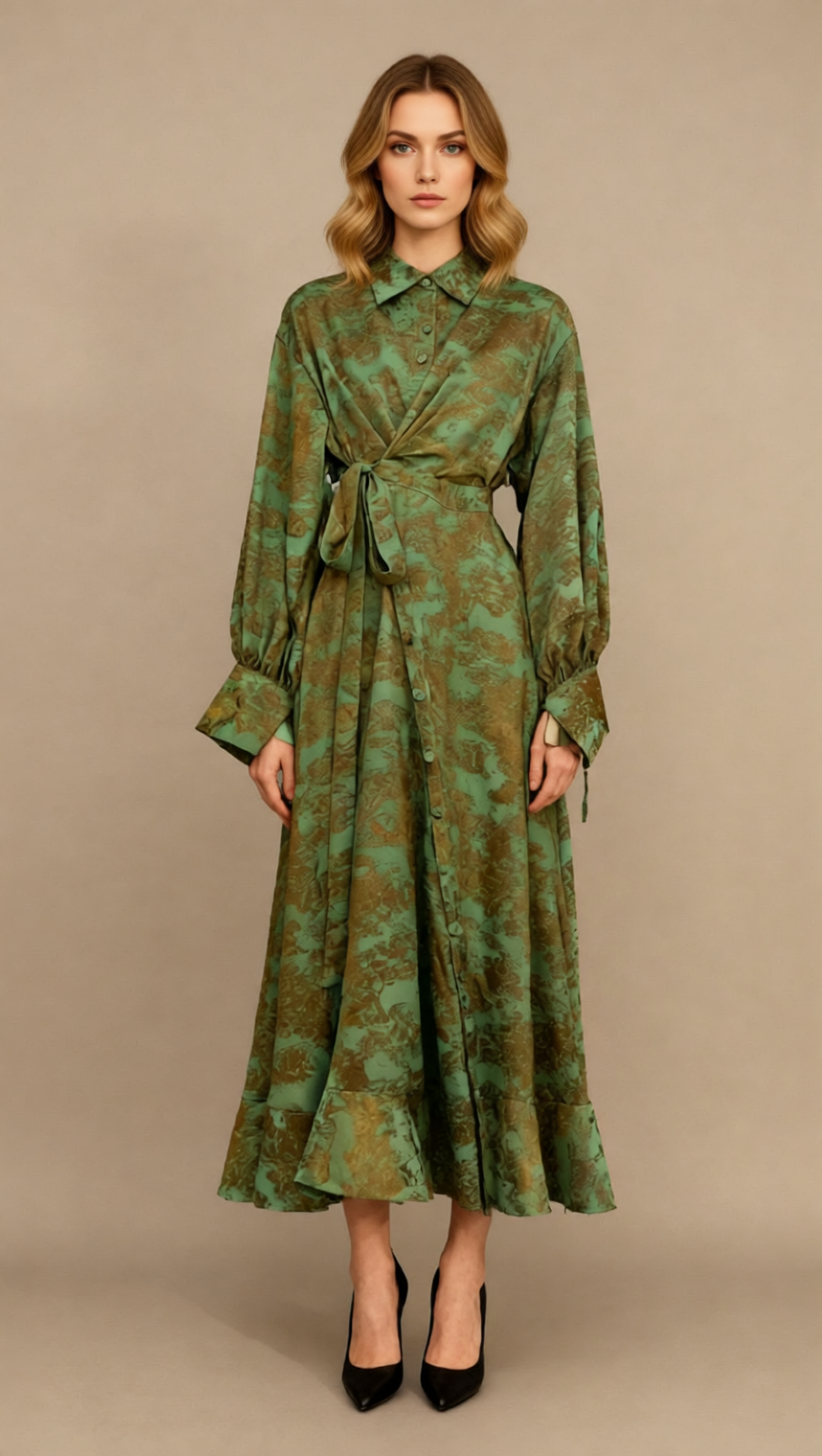 Jung Artistic Print Tie-Waist Long Sleeve Midi Dress
