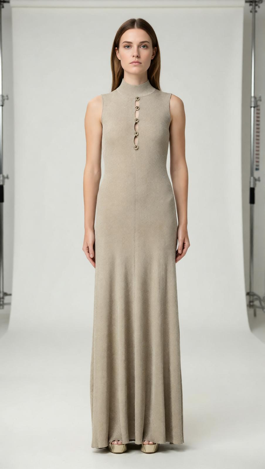 Juno Shimmer Ribbed Knit Maxi Dress | Mock Neck | Gold Buttons