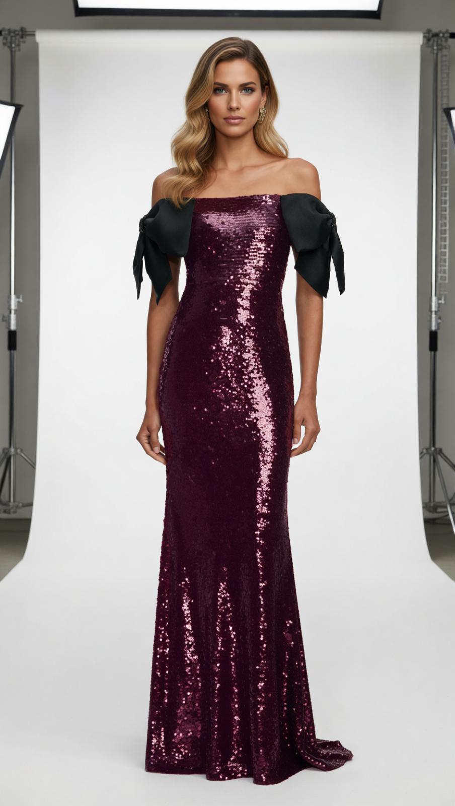 Jurek Sequin Off-Shoulder Bow Maxi Gown - Glamorous Formal Dress