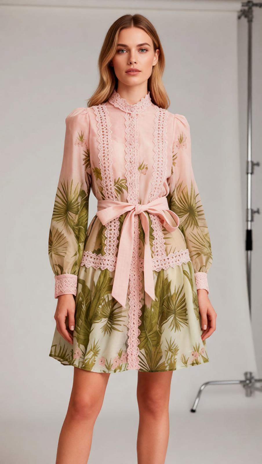 Justina Tropical Charm Mini Dress: Chic Lace & Long Sleeve Style