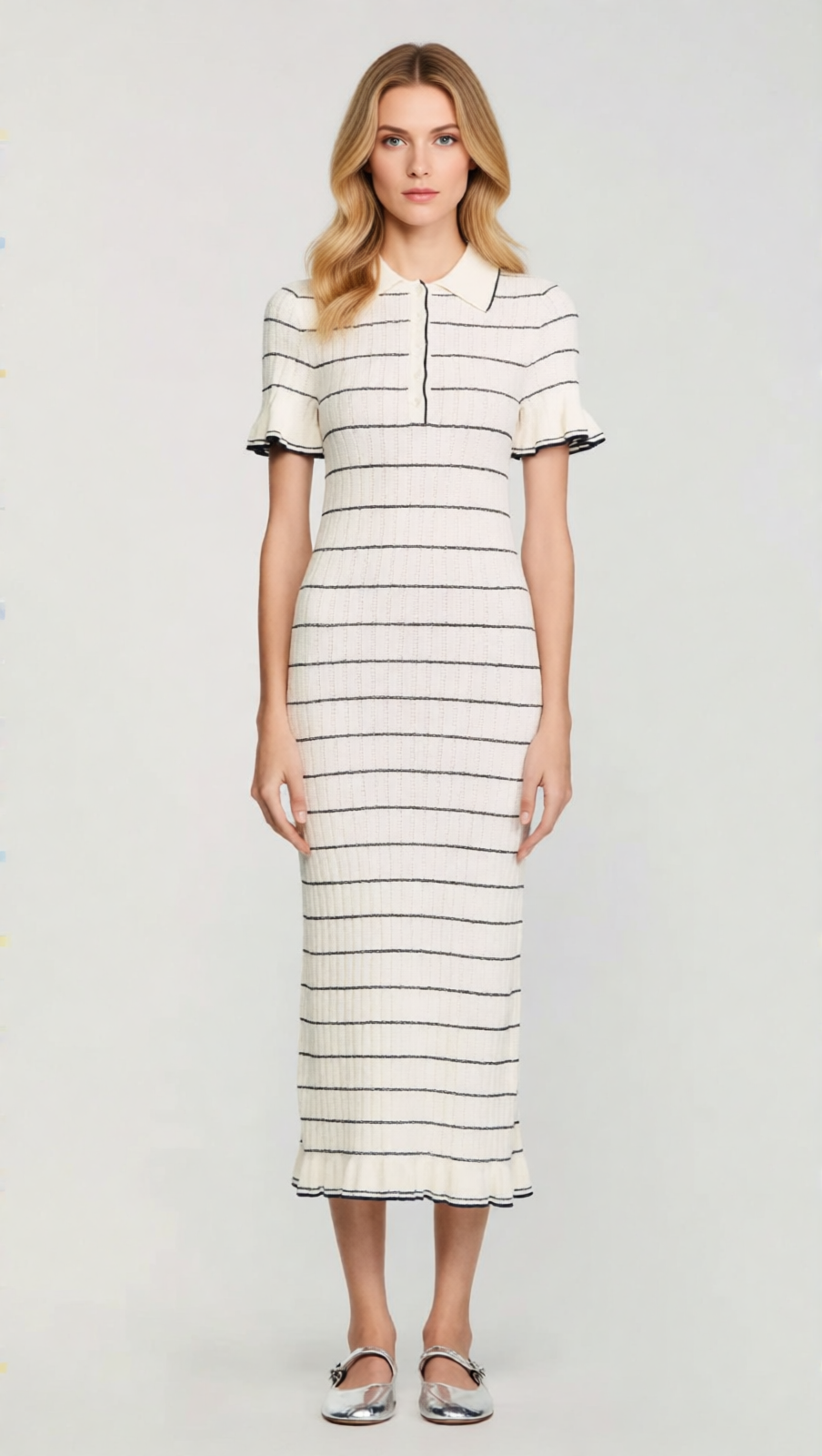 Jyoti Classic Striped Ribbed Knit Polo Midi Dress | Effortless Chic