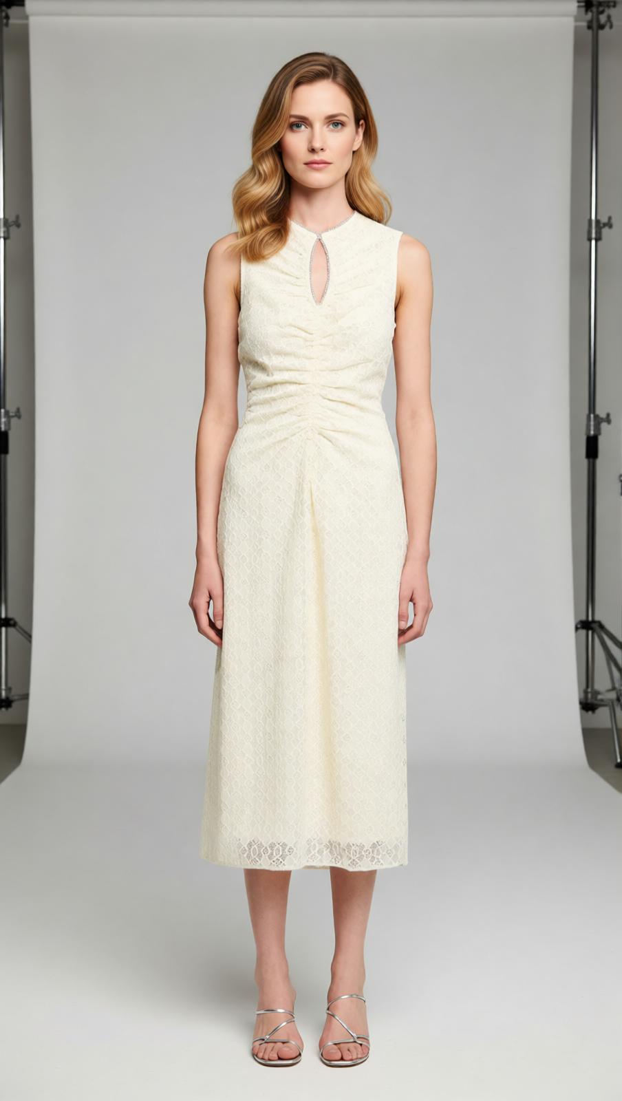 Chic Rhinestone Keyhole Lace Midi Dress | Elegant Sleeveless A-Line