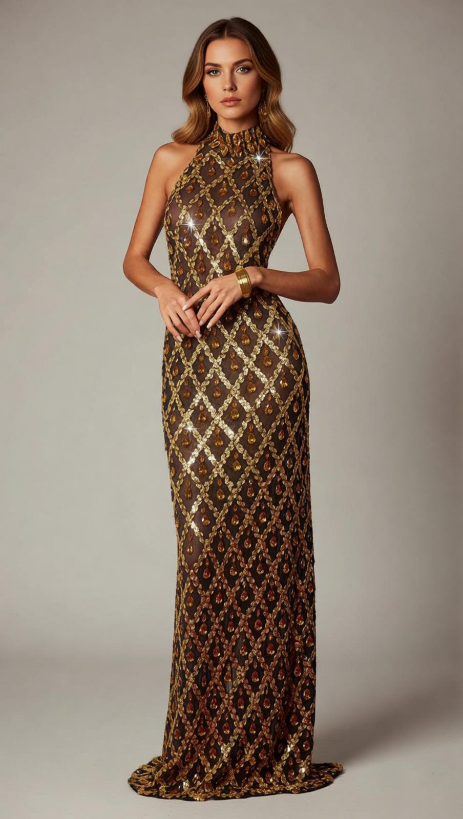 Liora Opulent Gold Sequin Crystal Halter Maxi Dress - Dazzling Gala Gown