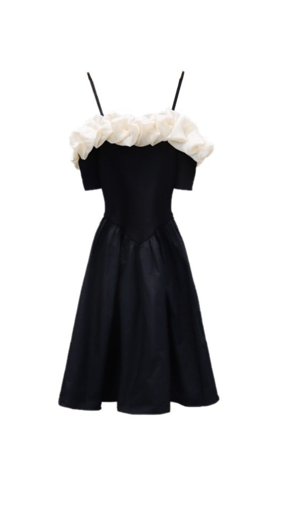 OFF-SHOULDER RUFFLE TRIM SUSPENDER MINI DRESS IN BLACK