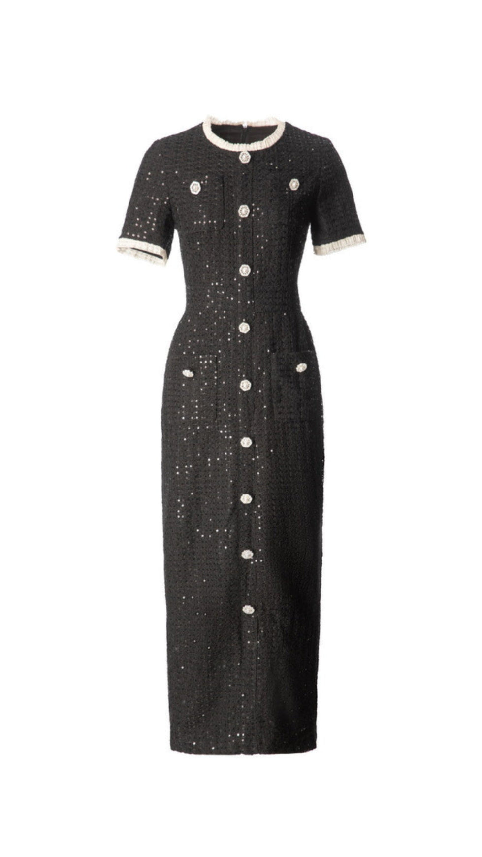 ROUND NECK SHORT SLEEVES SEQUIN MAXI DRESS IN BLACK