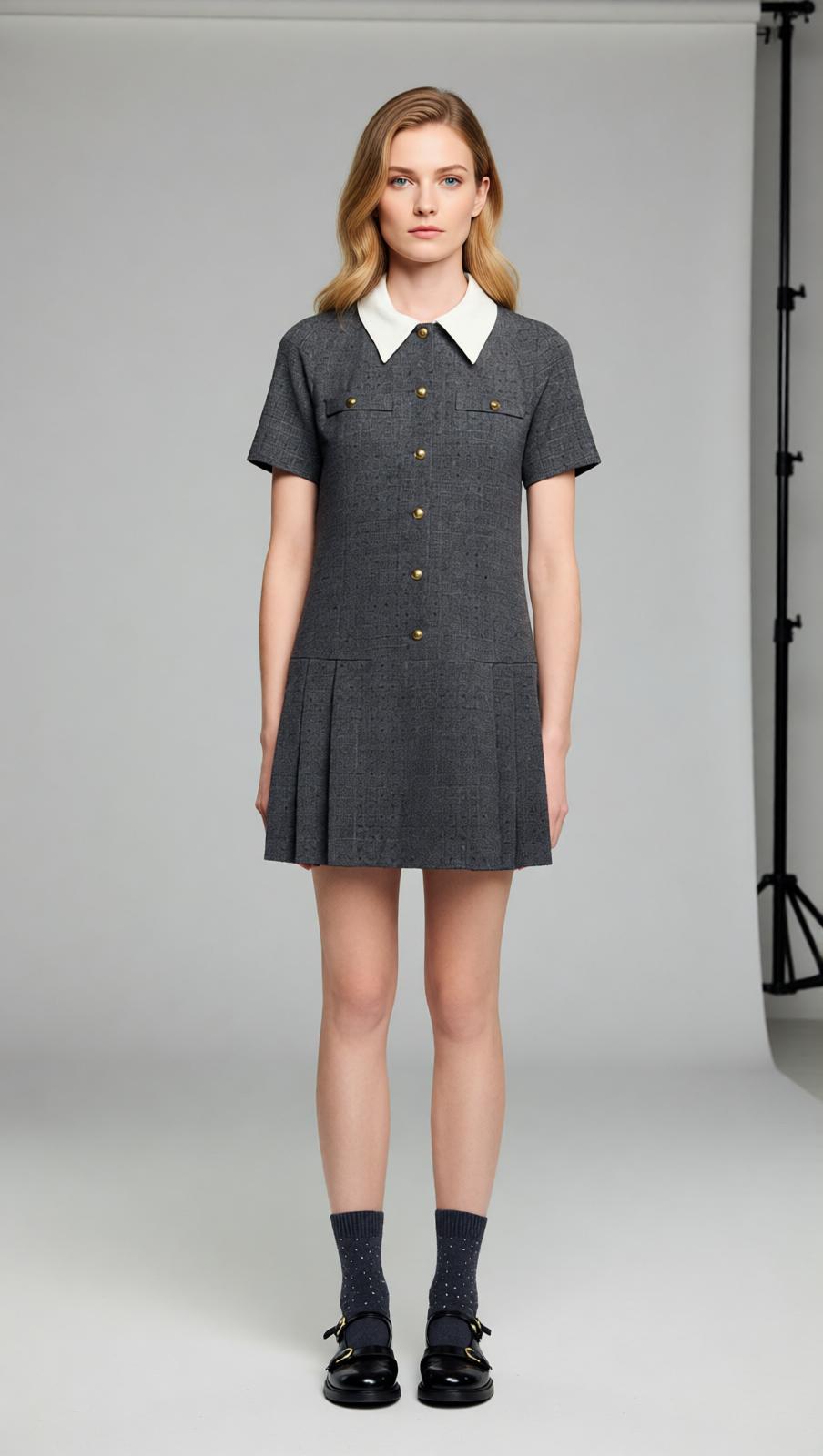Chic Peter Pan Collar Mini Dress - Gray Tweed with Pleats & Golden Accents