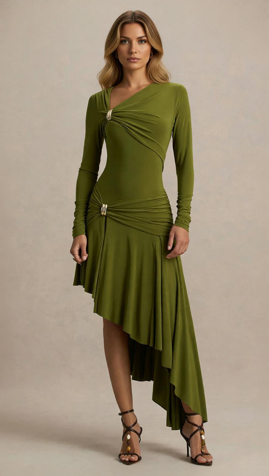 Nedelya Draped Long Sleeve Midi Dress – Elegant Olive Green Day-to-Night Style