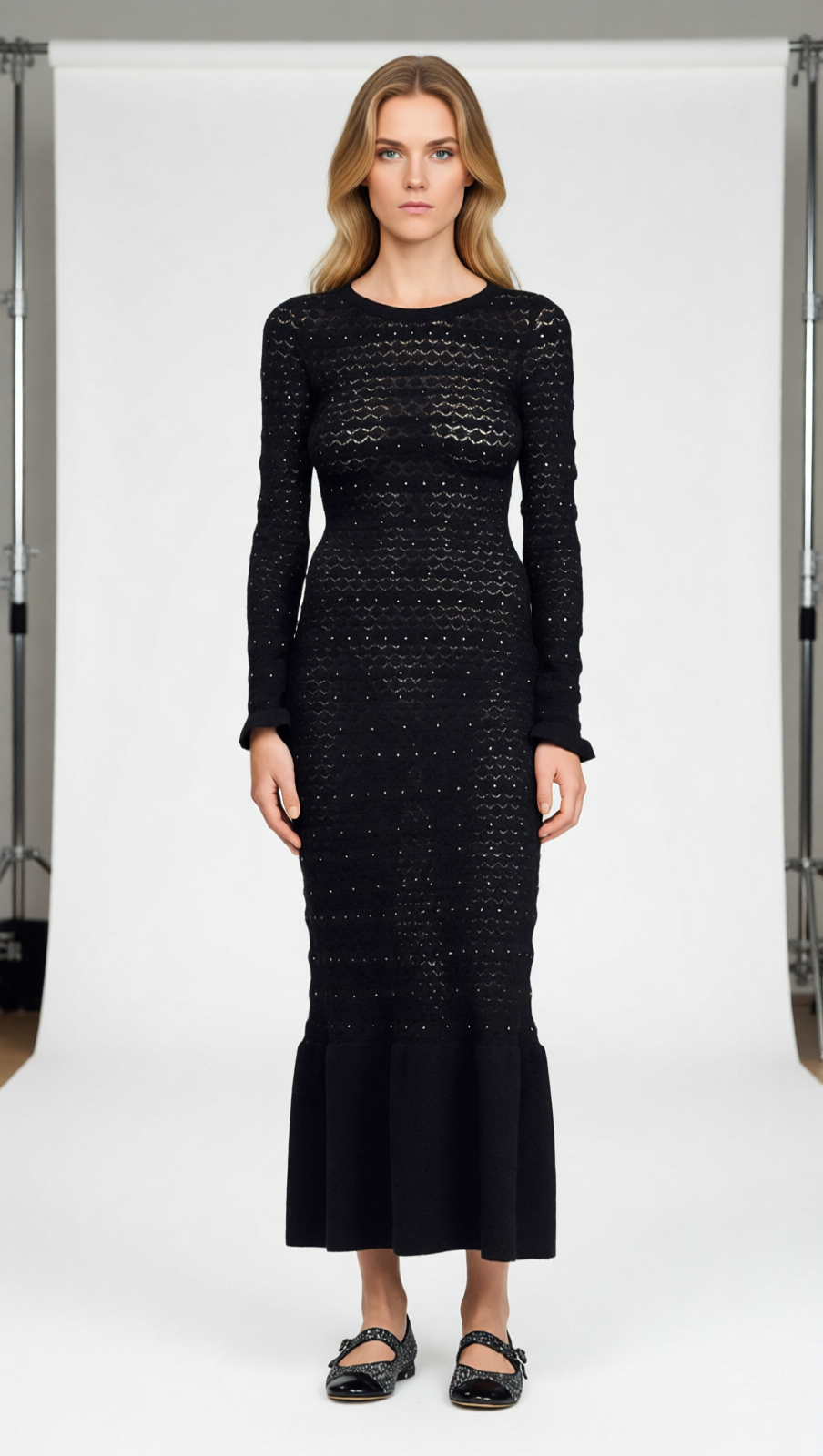 Glamorous Rhinestone Knit Maxi Dress with Ruffle Hem