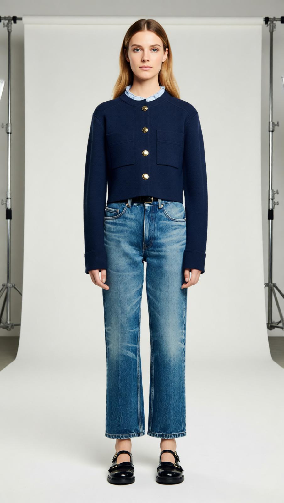 Chic Navy Cropped Cardigan with Detachable Ruffled Collar & Gold Buttons