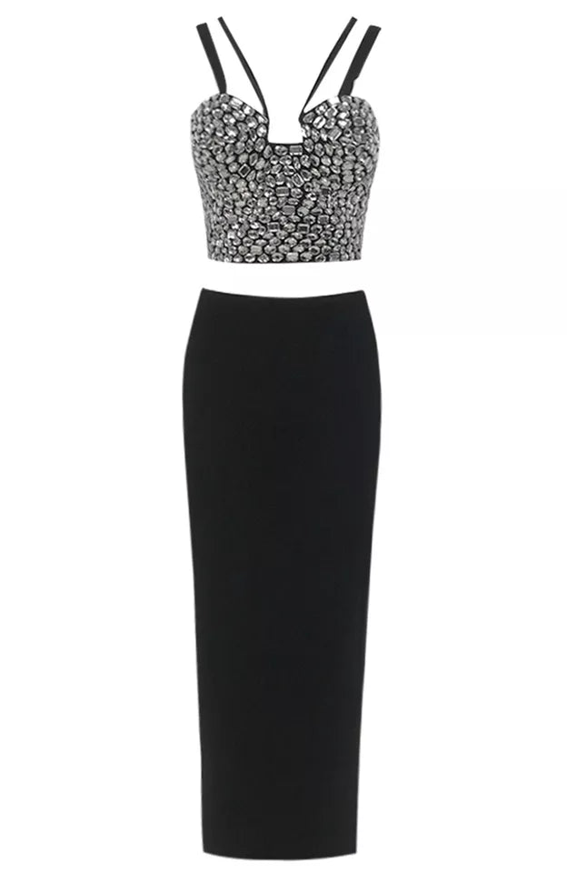 CRYSTAL-EMBELLISHED CROP TOP SKIRT SUIT