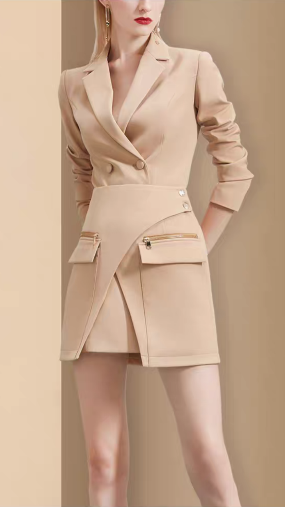 AUTUMN IRREGULAR DESIGN SOLID COLOR BLAZER & SKIRT SET