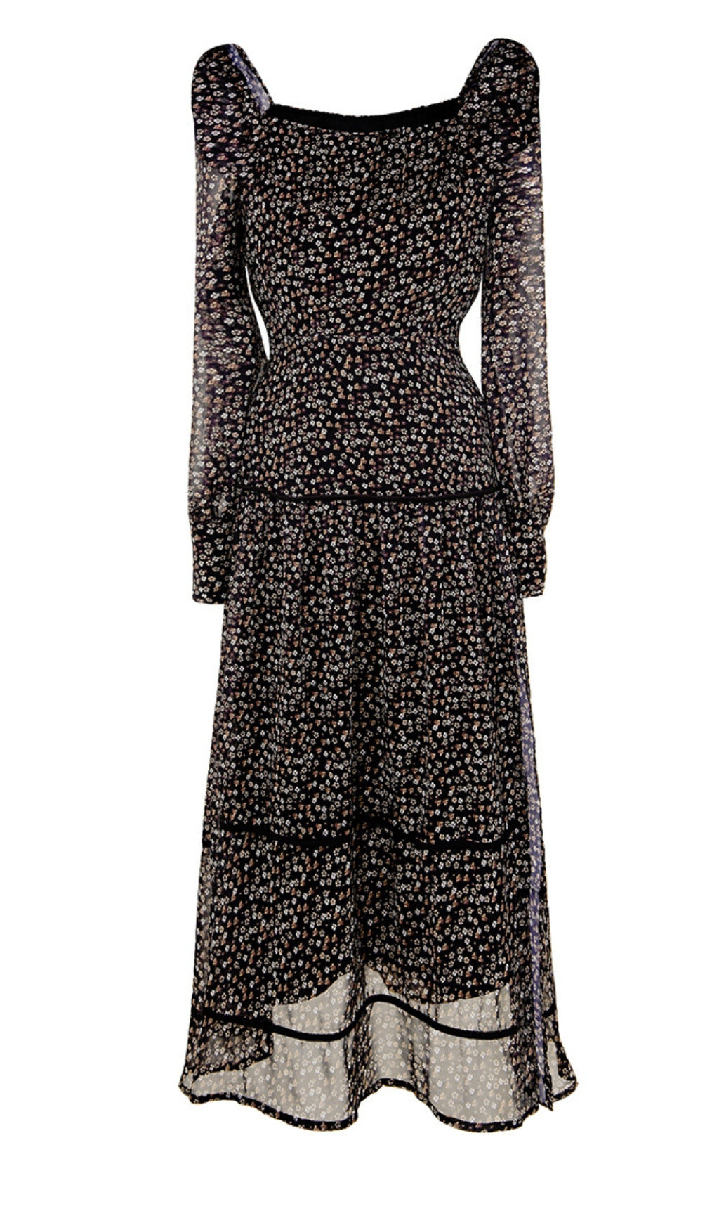 Schwarzes, durchsichtiges Midikleid mit Blumenmuster und gestuften Ärmeln