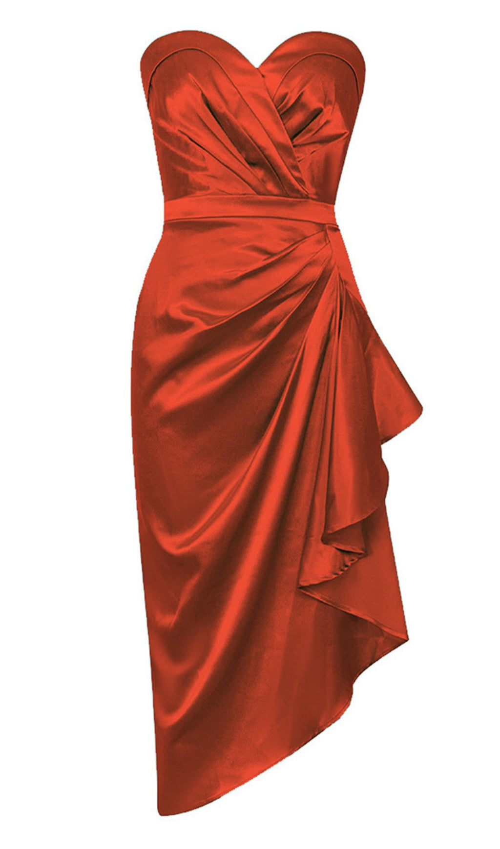 ABITO MIDI SENZA SPALLINE CON VOLANT ASIMMETRICO E RUCHES IN ARANCIONE - ROSSO