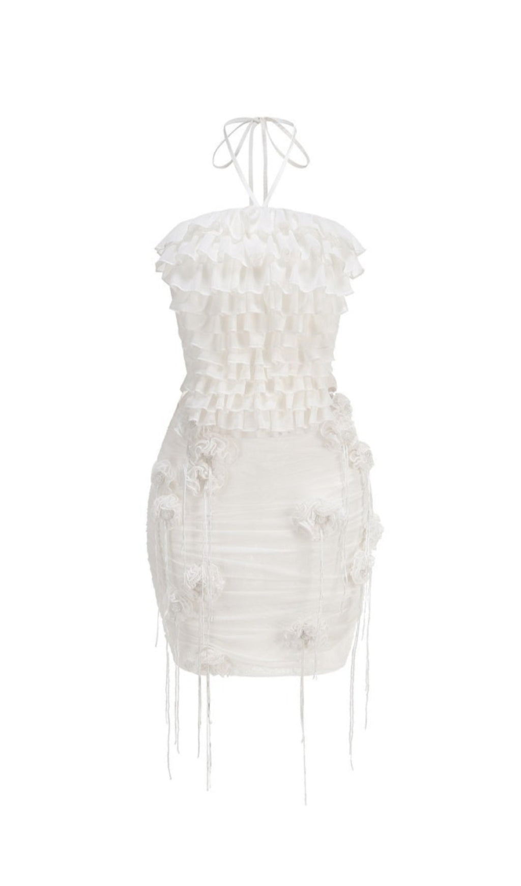 HELEN HALTER RUCHED MESH FLORAL MINI DRESS IN WHITE