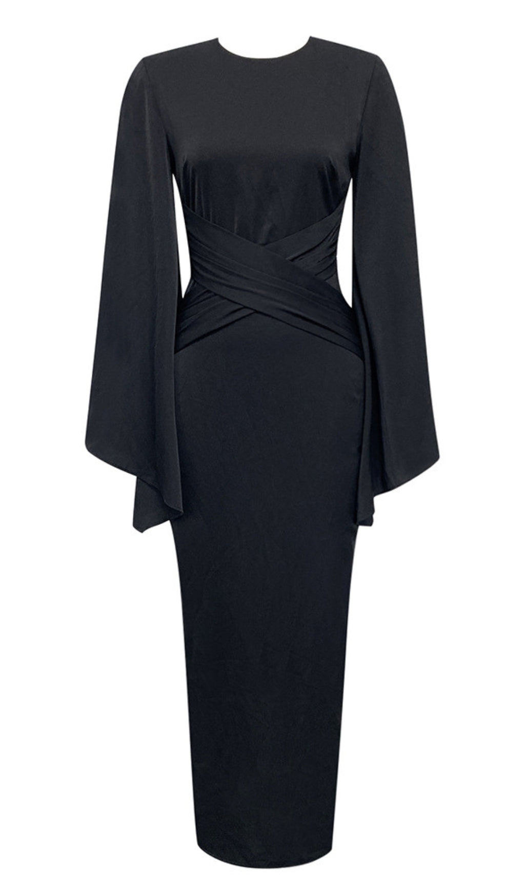 CROSS - WRAP BELL - SLEEVE MIDI DRESS IN BLACK