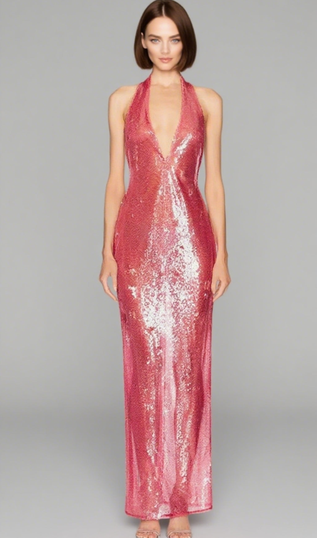 ZORA SHEER SEQUIN DEEP V-NECK GOWN IN PINK RED