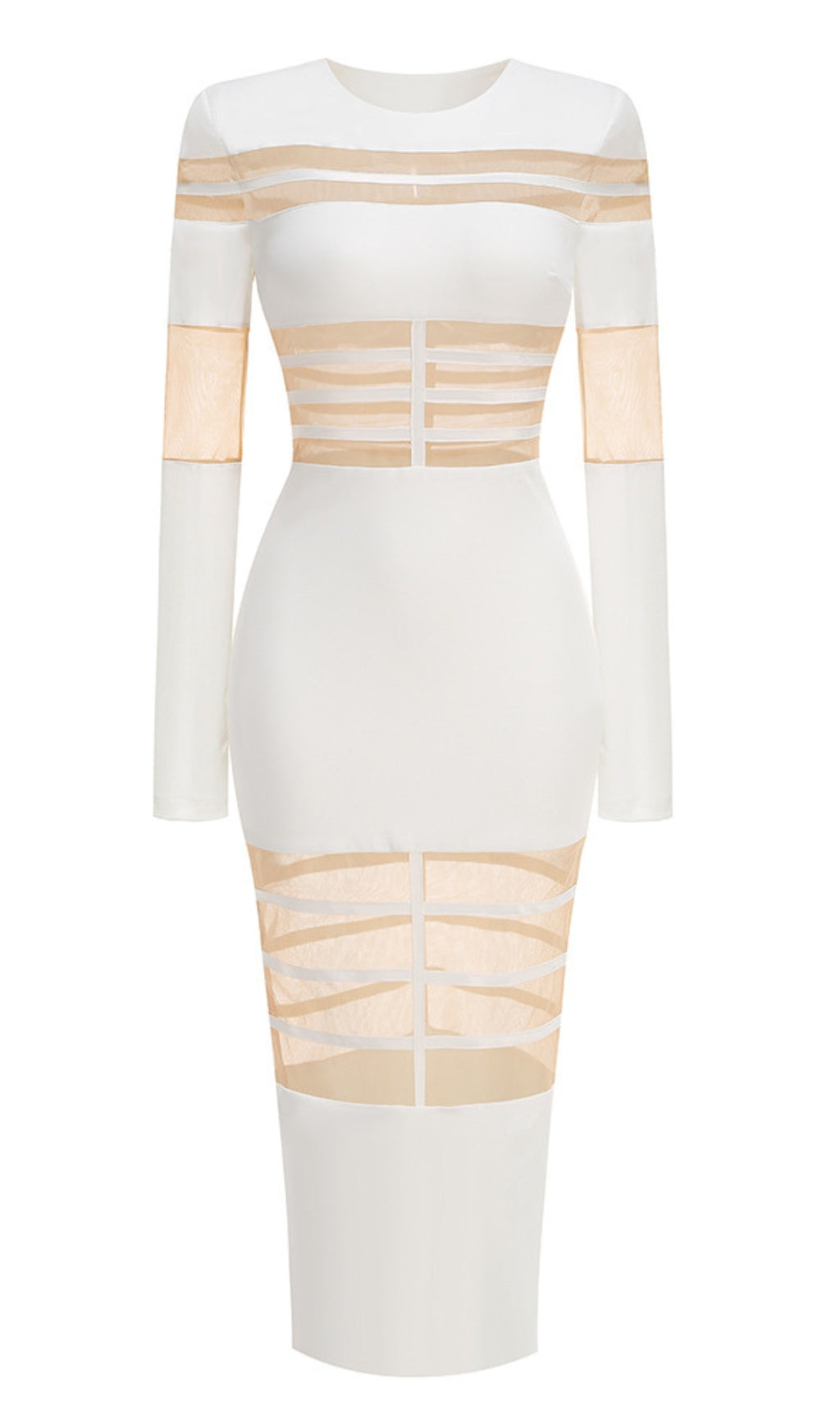Weißes, figurbetontes Midikleid mit langen Ärmeln und Netzstoff