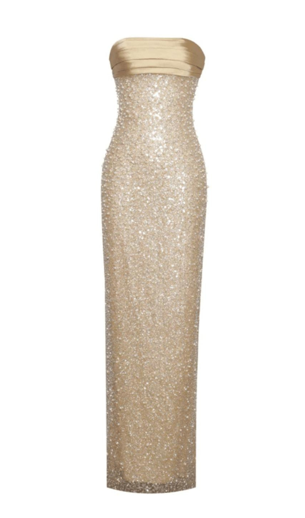 GOLDENES SATIN-MAXIKLEID MIT PAILLETTEN UND PERLEN