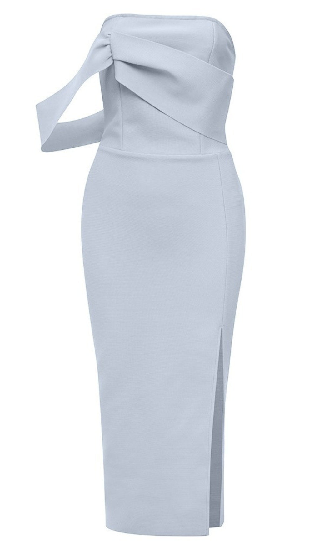 BLUE STRAPLESS MIDI DRESS WITH SIDE SLIT