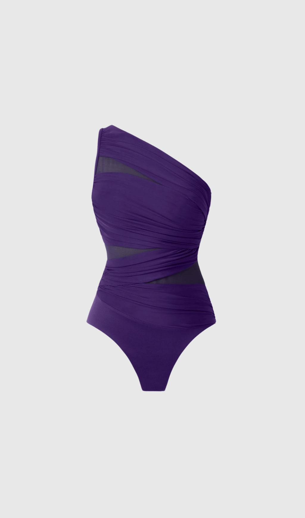 MAMIE SINGLE SHOULDER MESH RUCH SWIMSUIT IN PURPLE