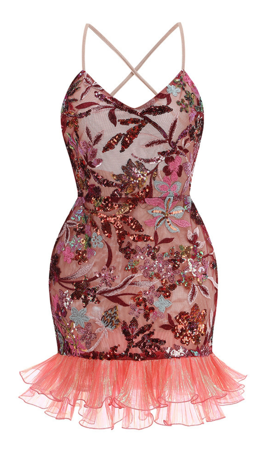 RED FLORAL EMBROIDERY STRAP MESH-PANELLED MINI DRESS