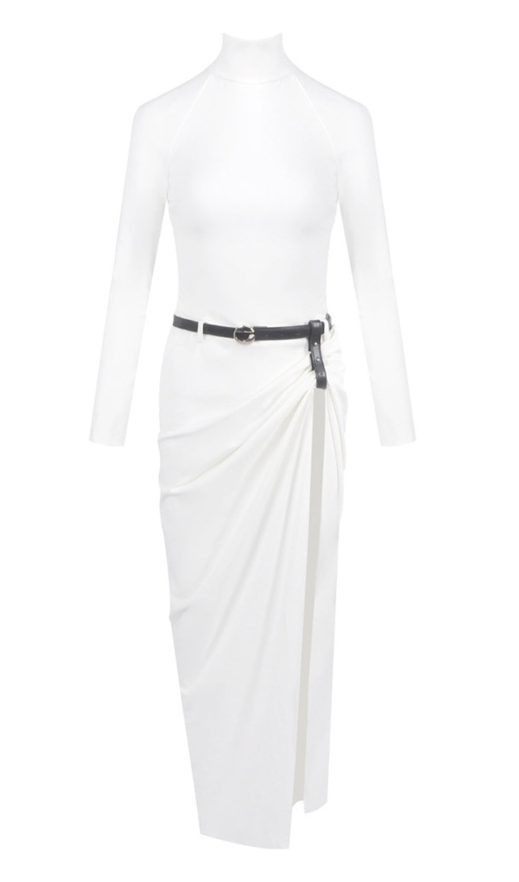 Rollkragen-Maxikleid mit Gürtel und drapiertem Schlitz in Weiß