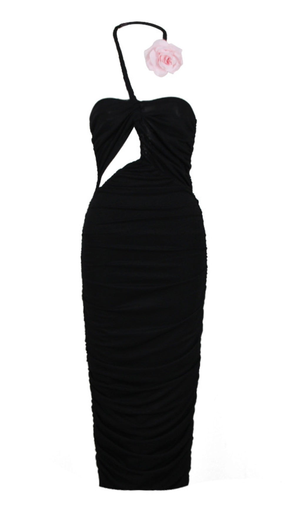 HALTER - NECK CUTOUT RUCHED MIDI DRESS WITH PINK ROSE IN BLACK