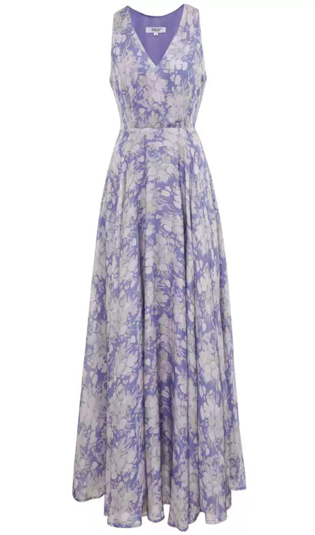 Lilafarbenes, elegantes Maxikleid mit Blumenmuster, V-Ausschnitt und fließendem Rock