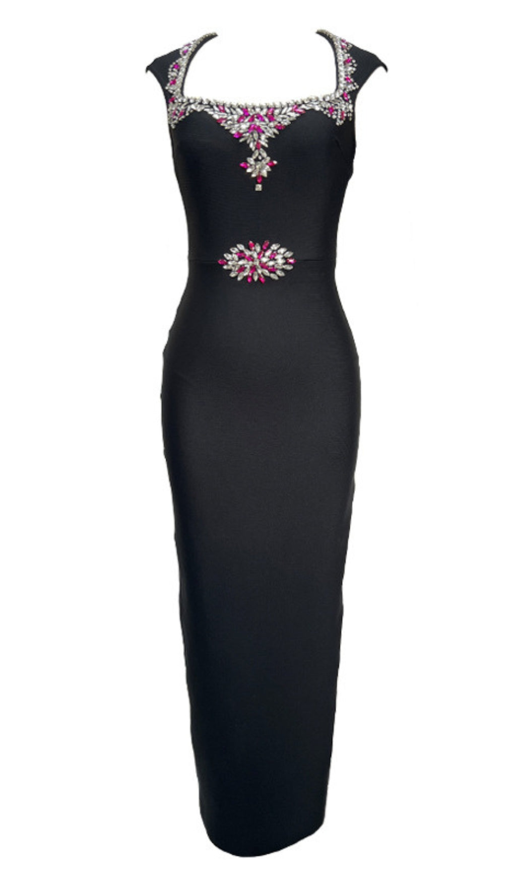 Schwarzes Midikleid mit quadratischem Ausschnitt und rosa Strassverzierung