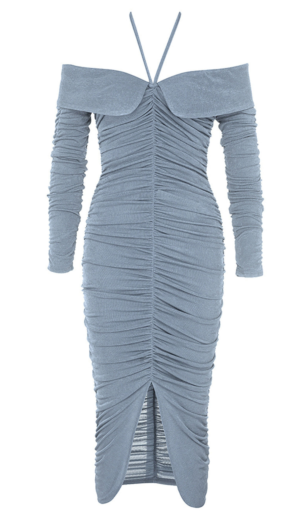 ABITO MIDI CON SPACCO E RUCHES SULLE SPALLE, COLOR AZZURRO