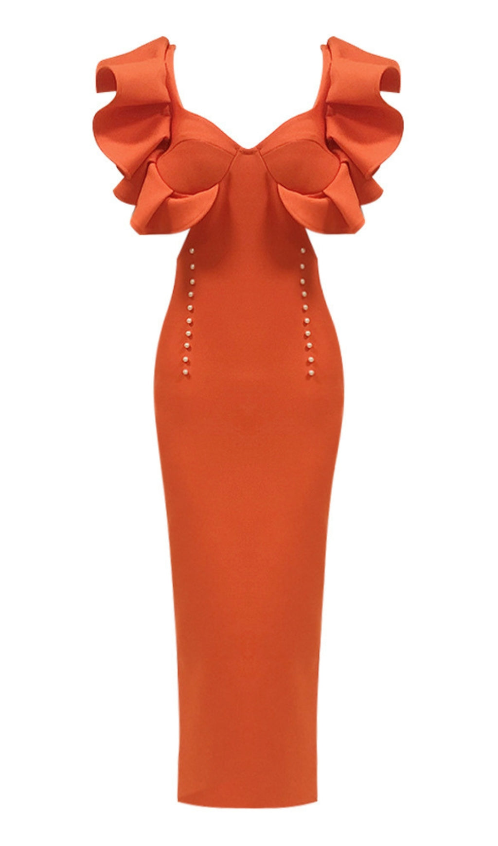 RUFFLED - SLEEVE PEARL - ACCENT BODYCON MIDI DRESS IN ORANGE