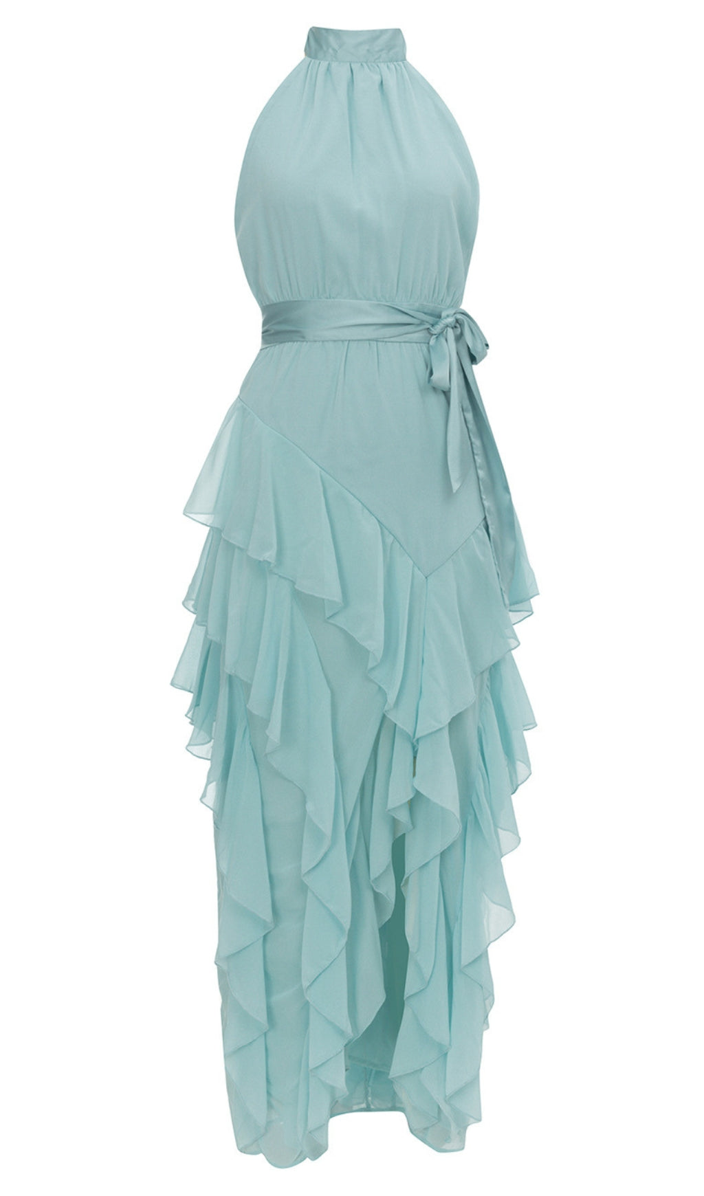 ABITO MIDI A BALZE CON SCOLLO ALL'AMERICANO E VOLANT IN AZZURRO