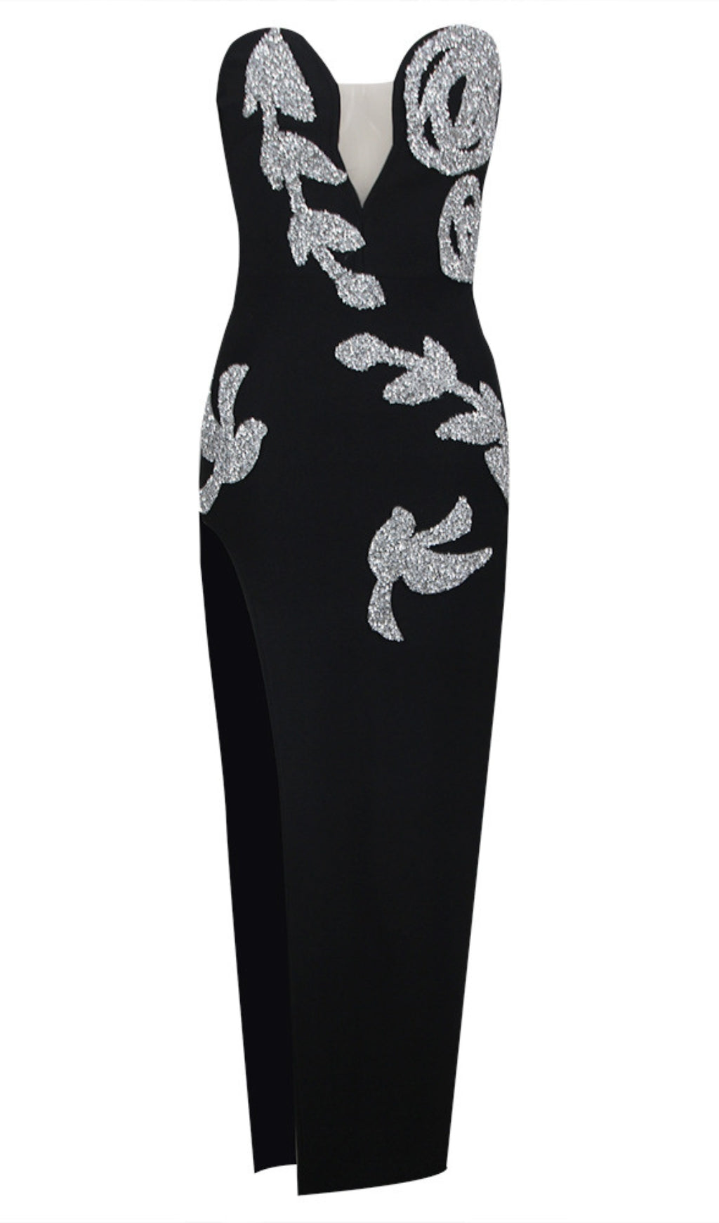 Trägerloses silbernes Maxikleid mit Pailletten und Blumenmuster und Vogelschlitz in Schwarz
