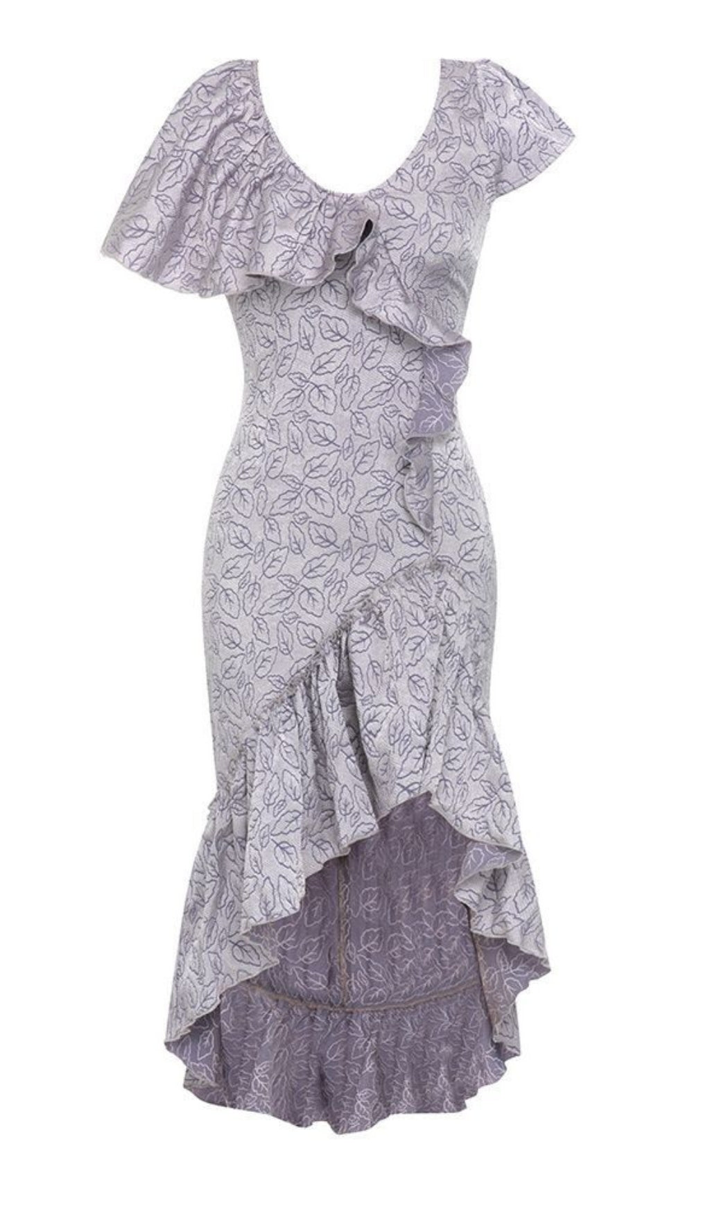 FLORAL - PRINT RUFFLED ASYMMETRIC MIDI DRESS IN LAVENDER